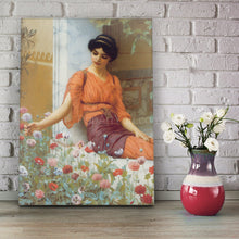 Load image into Gallery viewer, Portrait of a Greek woman dressed in royal clothes stands on a wooden floor near a vase of roses