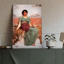 Load image into Gallery viewer, Portrait of a Greek woman dressed in a green royal dress stands on a green table