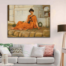 Load image into Gallery viewer, Portrait of a Greek woman dressed in orange regal attire hangs on a white wall above the sofa