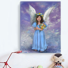 Load image into Gallery viewer, Portrait of a little girl dressed in an angel costume with flowers hanging on a white wall near children's toys