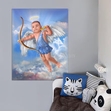 Load image into Gallery viewer, Portrait of a little boy dressed in an angel costume hanging on a blue wall