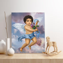 Load image into Gallery viewer, A portrait of a boy dressed in an angel costume stands on a wooden table near three white vases