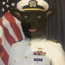 Load image into Gallery viewer, The portrait depicts a dog dressed in white marine attire with a hat standing near the American flag
