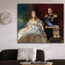 Load image into Gallery viewer, A portrait of a couple dressed in historical royal clothes hangs on a white wall near the clock
