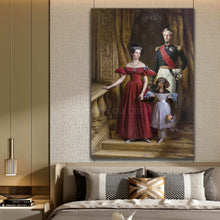 Load image into Gallery viewer, Portrait of a couple dressed in red royal clothes standing near a dog with a human body hanging on a beige wall above the bed