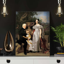 Load image into Gallery viewer, Portrait of a couple dressed in silver royal attires sitting near a dog with a human body standing on a white table near two light bulbs