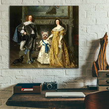 Load image into Gallery viewer, Portrait of a couple dressed in golden regal attires standing near a dog with the body of a man hanging on a white brick wall above a work table
