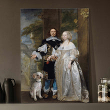 Load image into Gallery viewer, Portrait of a couple dressed in black and white royal attires standing with a dog on a beige shelf near a black vase
