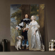 Load image into Gallery viewer, Portrait of a couple dressed in black and white royal attires standing with a dog on a beige shelf near a black vase
