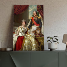 Load image into Gallery viewer, Portrait of a couple dressed in golden royal clothes sitting near a dog standing on a green table near a flowerpot
