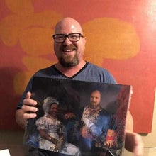 Load image into Gallery viewer, A man with a smile on his face holds a portrait of himself with his couple dressed in historical royal clothes