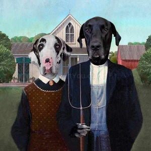 The portrait shows two dogs with human bodies dressed in black gothic clothes
