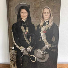 Load image into Gallery viewer, Portrait of two women with a dog dressed in black royal clothes stands on a wooden floor