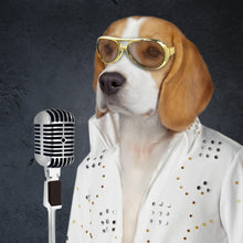 Load image into Gallery viewer, The portrait shows a dog with golden glasses dressed in white Elvis attire standing near the microphone
