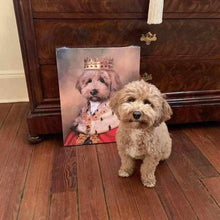Load image into Gallery viewer, The dog sits on the floor next to the royal portrait of a dog in the red royal robe and crown