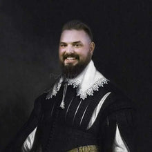 Load image into Gallery viewer, The portrait shows a man with a beard dressed in a black royal suit