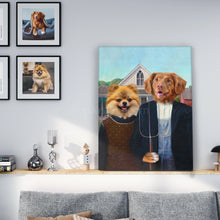 Load image into Gallery viewer, Portrait of two dogs with human bodies dressed in historical gothic clothes standing on a wooden shelf above the bed