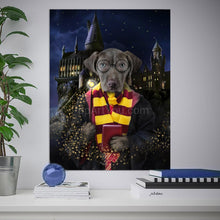 Load image into Gallery viewer, Portrait of a dog with a human body dressed in magician attire with glasses hanging on a white wall near