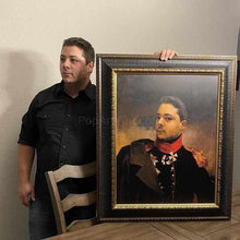 Load image into Gallery viewer, А man stands near a portrait of himself, dressed in a general's costume
