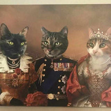 Load image into Gallery viewer, Canvas portrait of three cats in aristocratic attires
