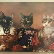 Load image into Gallery viewer, Canvas portrait of three cats in aristocratic attires