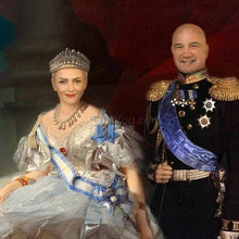 Load image into Gallery viewer, The portrait shows a couple dressed in historical regal attires in white and black