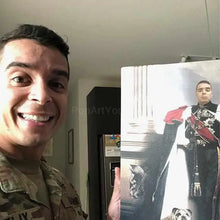 Load image into Gallery viewer, A man with a smile on his face holds a portrait of himself dressed in royal clothes