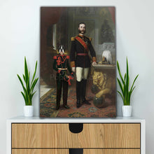 Load image into Gallery viewer, Portrait of a man and a dog with the body of a man dressed in black regal clothes stands on a white table near two vases