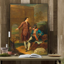 Load image into Gallery viewer, Portrait of a man and a dog with the body of a man dressed in historical royal attires stands on a wooden table near a book
