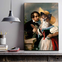 Load image into Gallery viewer, Portrait of a man dressed in black royal clothes and a dog with the body of a man dressed in a historical dress stands on a gray wooden table near books