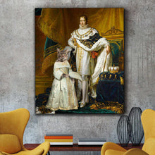 Load image into Gallery viewer, Portrait of a man with a cat with the body of a man dressed in golden royal clothes hangs on a gray wall near two yellow armchairs