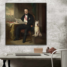 Load image into Gallery viewer, A portrait of a man dressed in renaissance regal attire sitting next to a dog hangs on the gray wall above the desk