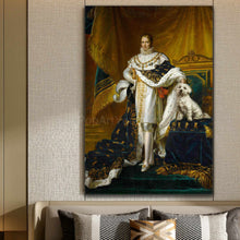 Load image into Gallery viewer, A portrait of a man dressed in gold royal robes standing next to a dog hangs on a beige wall