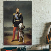 Load image into Gallery viewer, A portrait of a man dressed in historical royal clothes standing next to a dog hangs on a white brick wall