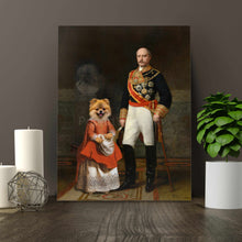 Load image into Gallery viewer, Portrait of an elderly man and a dog with the body of a man dressed in red royal attires stands on a wooden floor near two candles