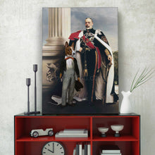 Load image into Gallery viewer, Portrait of an elderly man and a dog with the body of a man dressed in white royal clothes stands on a red table near the clock