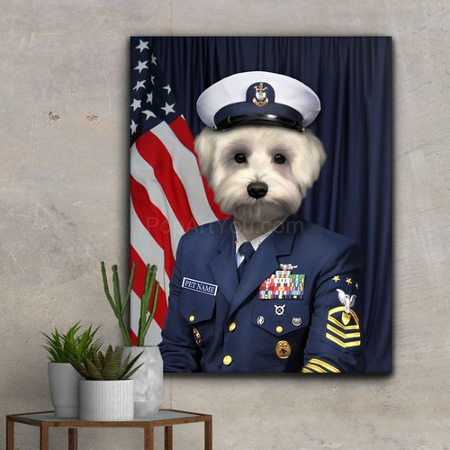 Portrait of a dog dressed in blue marine clothing hangs on a gray wall near cacti
