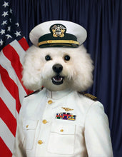 Load image into Gallery viewer, The portrait shows a dog with a human body dressed in white marine clothing with a hat standing near the American flag
