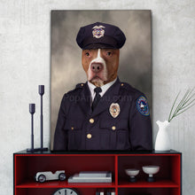 Load image into Gallery viewer, A portrait of a dog dressed in a New York Policeman&#39;s clothes stands on a black shelf near the clock
