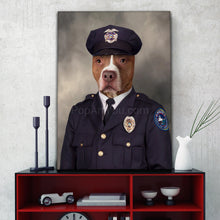 Load image into Gallery viewer, A portrait of a dog dressed in a New York Policeman's clothes stands on a black shelf near the clock