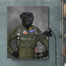Load image into Gallery viewer, Portrait of a dog dressed in green pilot's attire hangs on a green wall near a black lamp