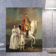 Load image into Gallery viewer, A portrait of a man on a horse next to a woman and a child in renaissance costumes stands near the wall