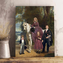 Load image into Gallery viewer, Portrait of a horsewoman on a white horse, a man, a boy and a girl in historical costumes stands on a wooden shelf
