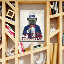 Load image into Gallery viewer, Portrait of a dog dressed in a blue jacket stands on a wooden shelf near books