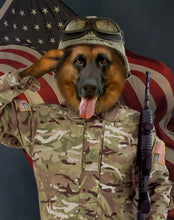 Load image into Gallery viewer, Portrait of a dog with a helmet dressed in the attire of an american soldier hangs on a white brick wall above a work table
