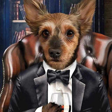 Load image into Gallery viewer, Portrait of a dog in a formal suit against the background of a bookcase
