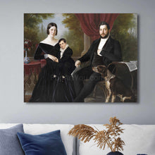 Load image into Gallery viewer, Portrait of a family dressed in black royal attires hanging on a gray wall over a white sofa
