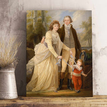 Load image into Gallery viewer, A portrait of a family dressed in historical royal clothes walking in the forest stands on a wooden table near a gray vase
