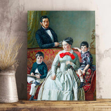 Load image into Gallery viewer, A portrait of a family dressed in historical royal clothes stands on a wooden shelf near a gray vase