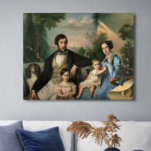 Load image into Gallery viewer, Portrait of a family dressed in historical royal clothes sitting with a dog on the coast hangs on the white wall above the sofa